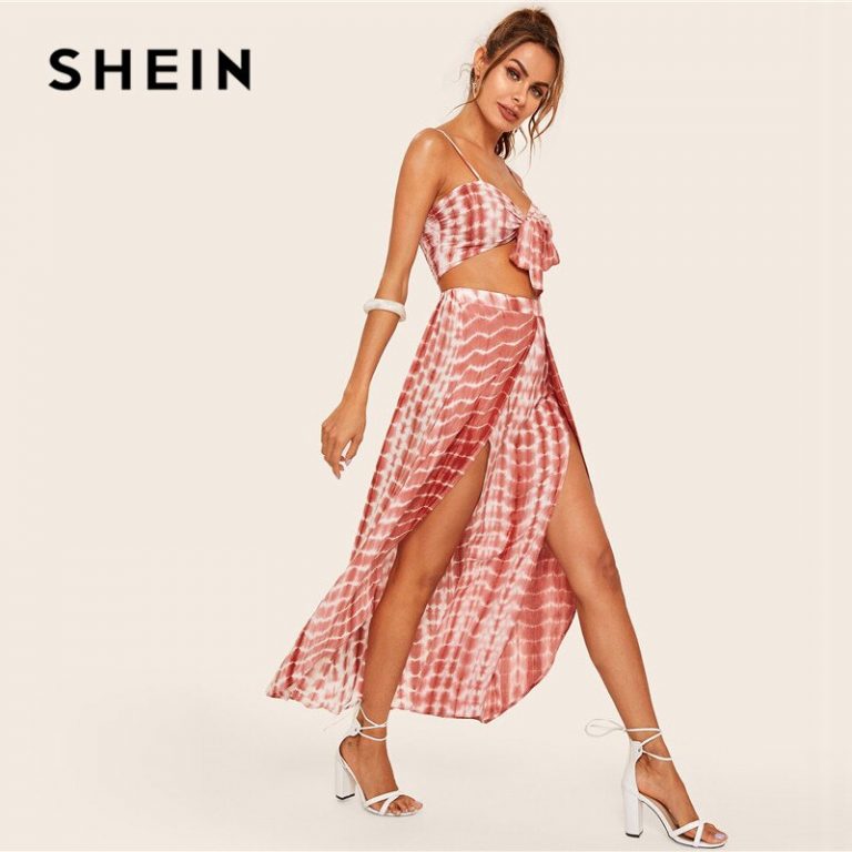 SHEIN Tie Dye Knotted Crop Cami Top And Split Thigh Skirt 2 Piece Set ...
