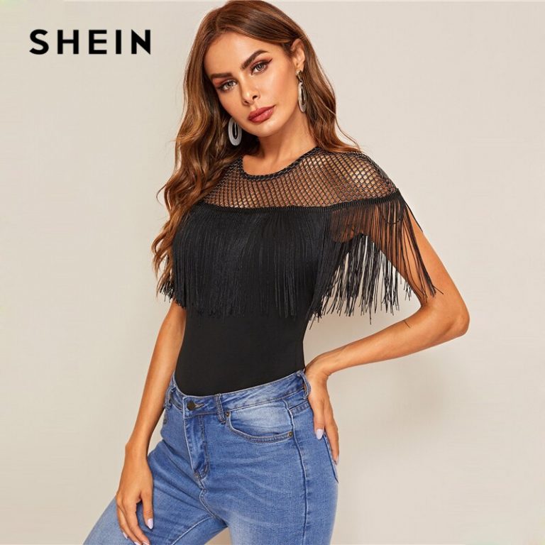 SHEIN Glitter Sheer Yoke Fringe Trim Bodysuit Glamorous Black Contrast