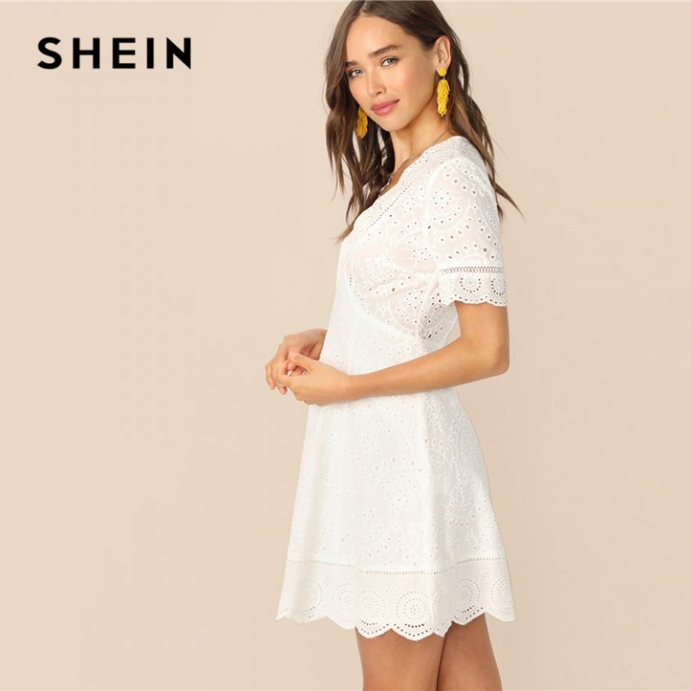 SHEIN Boho White Plunging Neck Scallop Edge Schiffy Summer Lace Dress Women Elegant Fit And 
