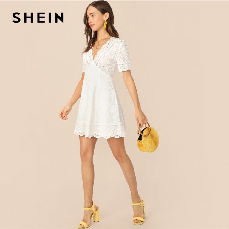 SHEIN Boho White Plunging Neck Scallop Edge Schiffy Summer Lace Dress Women Elegant Fit And 