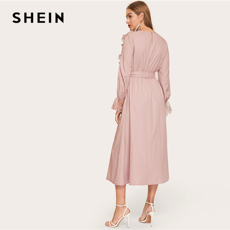 SHEIN Pink Modest Embroidered Mesh Ruffle Trim Belted Maxi Dress Women Spring Elegant Flounce 