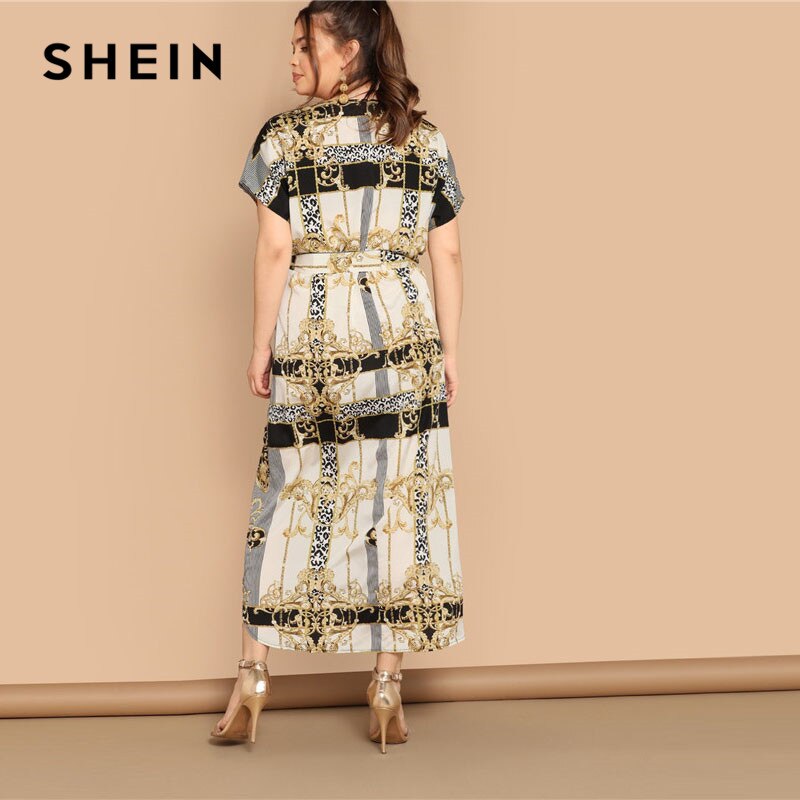 SHEIN Plus Size Mixed Scarf Print Curved Hem Belted Maxi Dress Women Modest Casual Short Sleeve 