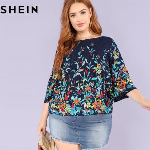 SHEIN Floral Print Navy Plus Size Round Neck Casual Women Blouse 2018 New Three Quarter Sleeve Botanical Print Rayon Blouses