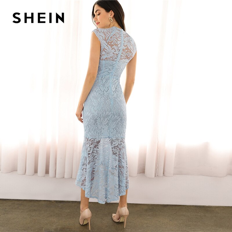 SHEIN Elegant Blue Zip Back High Low Hem Lace Slim Mermaid Summer Dress